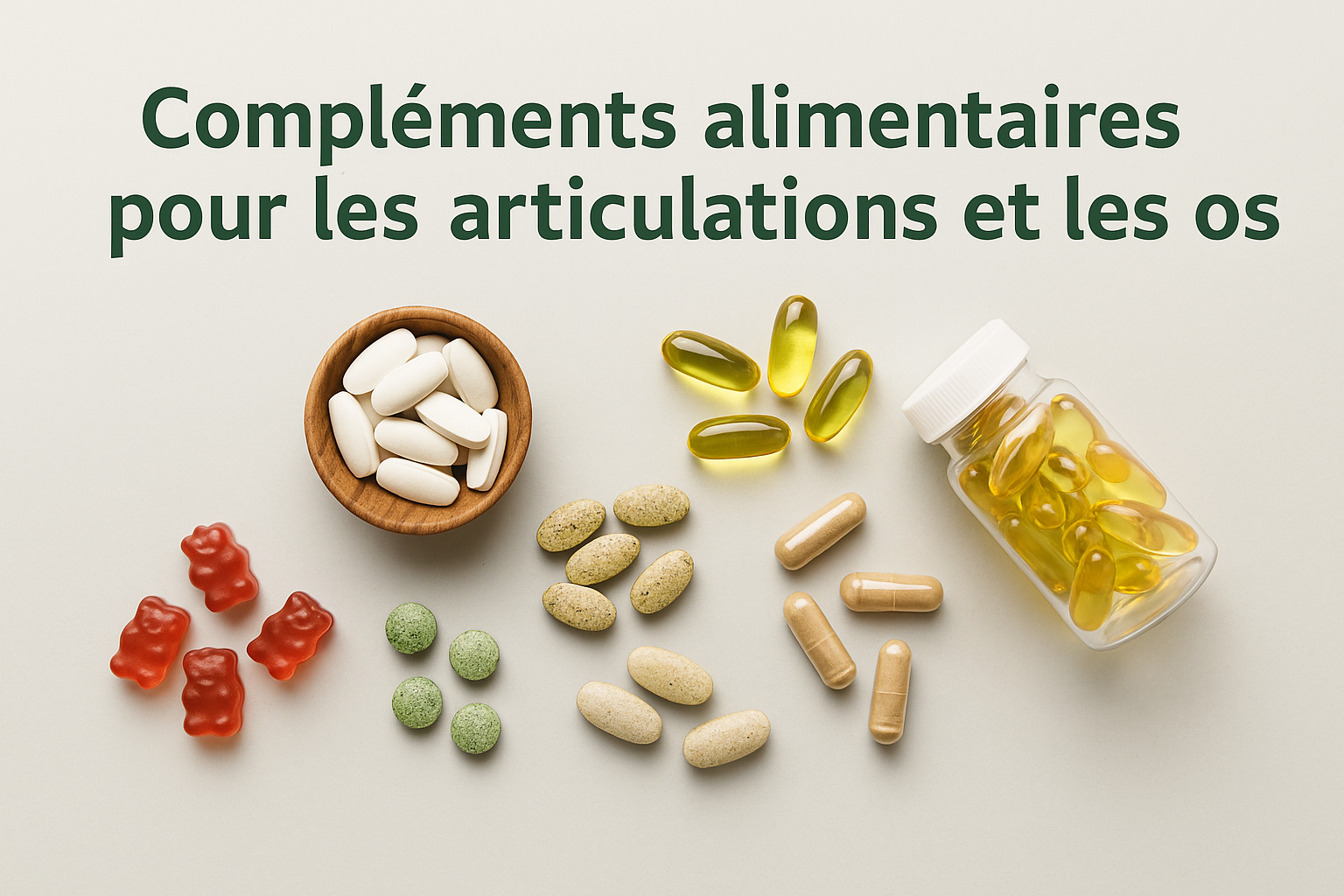 Illustration de compléments alimentaires pour articulations et os : gélules, pilules, et schémas articulaires