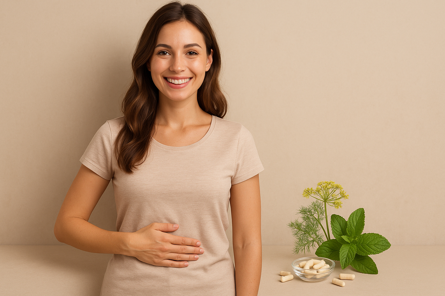 Femme souriante posant la main sur son ventre avec des plantes digestives et capsules naturelles