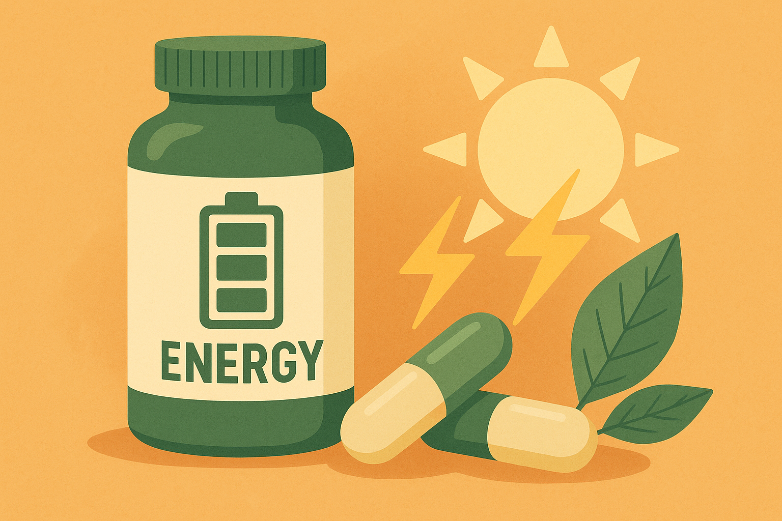 Illustration d’un flacon d’énergie avec capsules vertes, soleil stylisé et feuille, symbolisant vitalité et tonus naturel