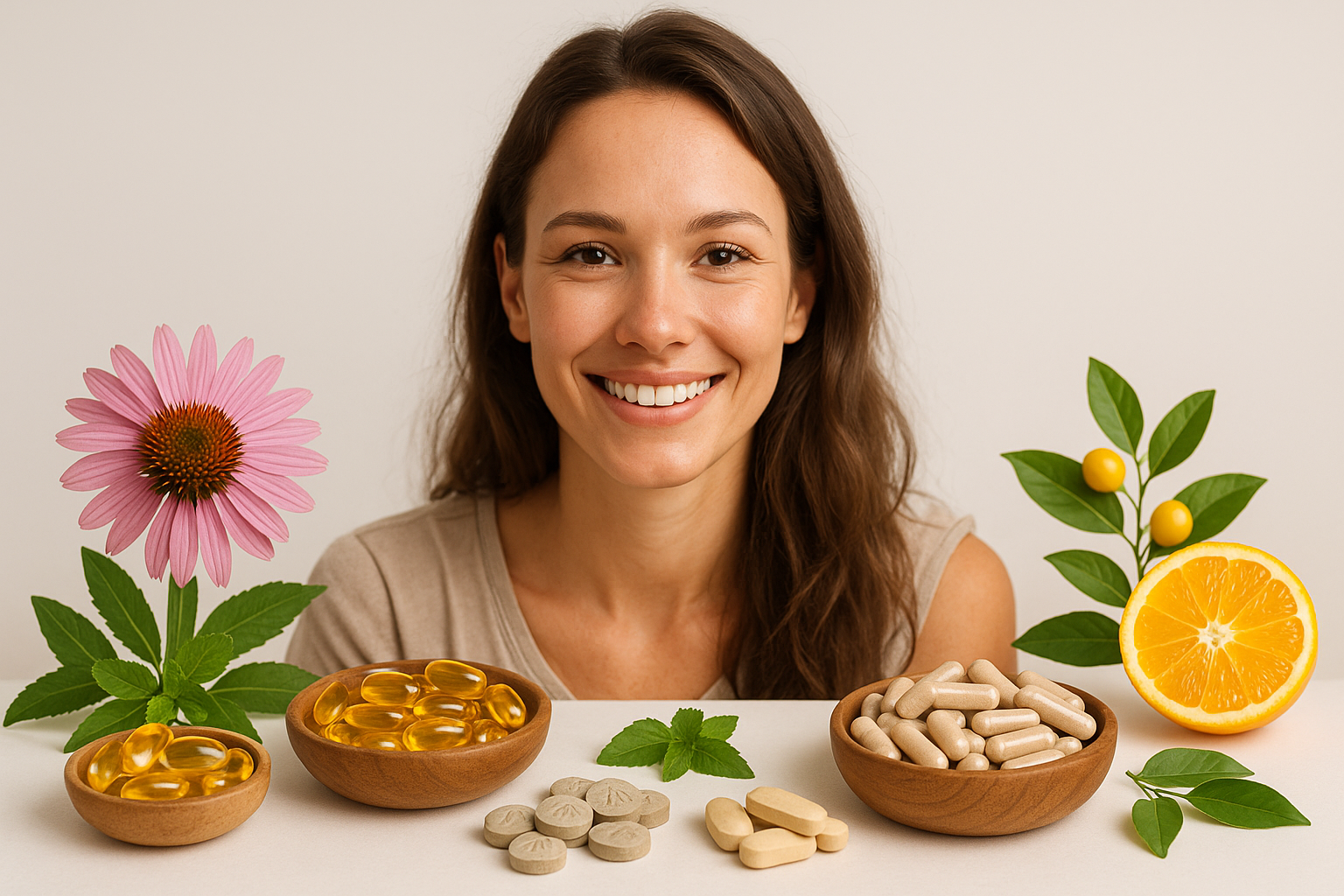 Femme souriante entourée de compléments alimentaires naturels avec plantes, capsules et agrumes sur fond clair