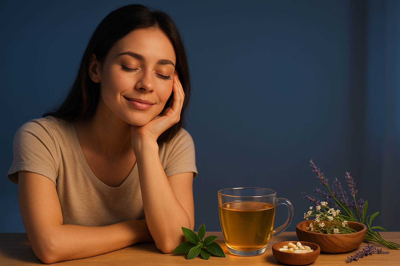 Femme détendue les yeux fermés avec tisane, capsules naturelles et plantes relaxantes sur fond bleu apaisant