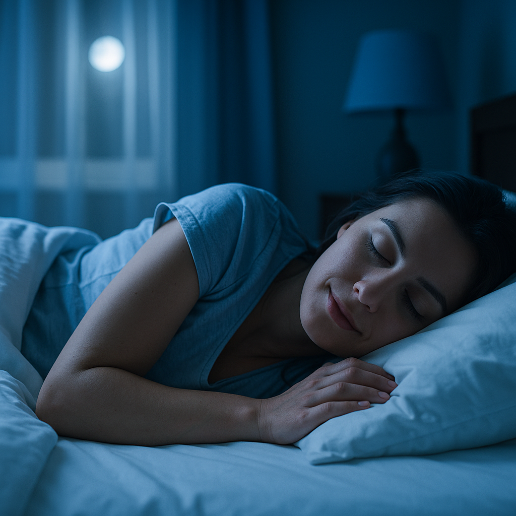 Femme endormie paisiblement dans une chambre bleutée, illustrant les bienfaits naturels de la gemmothérapie pour le sommeil
